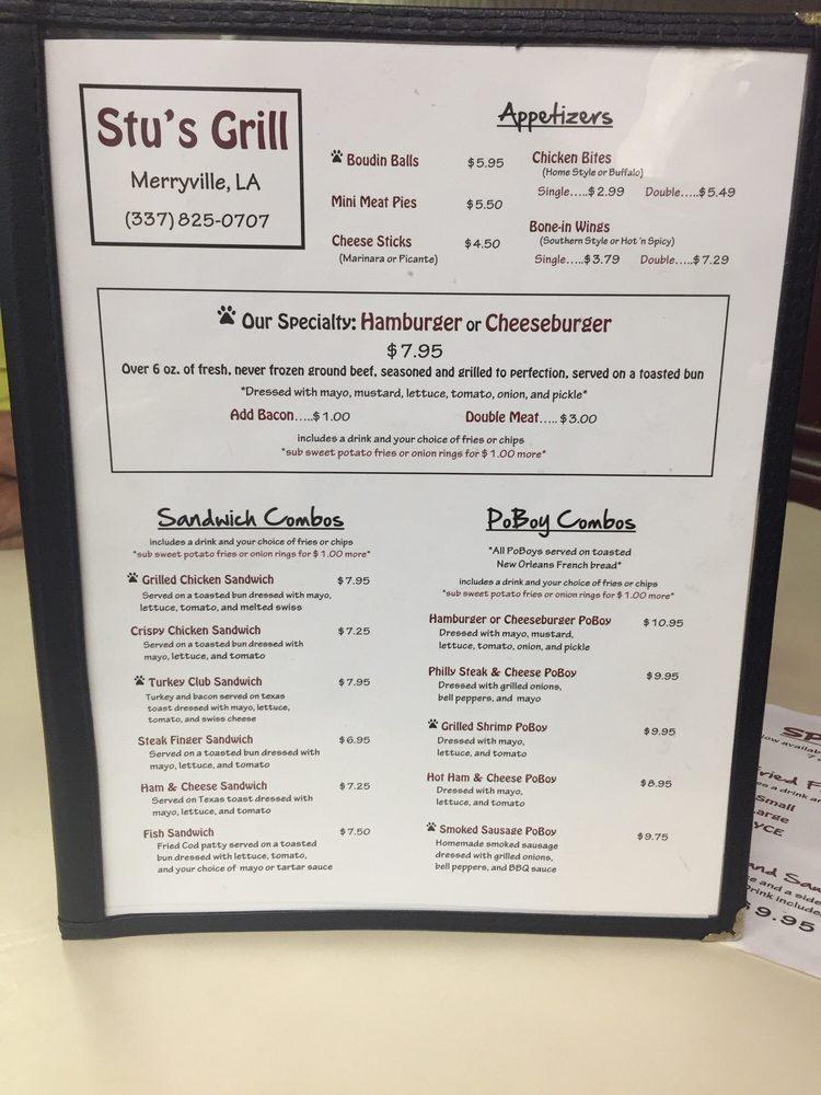 Menu at Stu's Grill restaurant, Merryville, 967 hwy