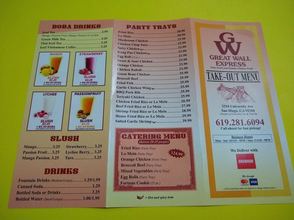 Menu at Great Wall Express restaurant, San Diego, 3310 University Ave