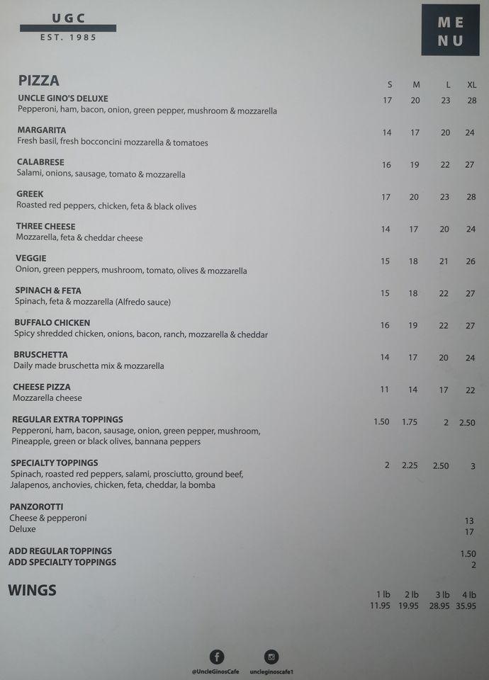 Menu at Uncle Gino's Cafe & Ristorante, Sault Ste. Marie