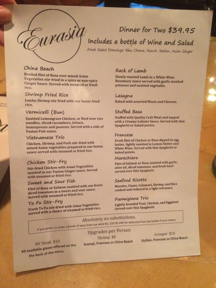 Menu at Eurasia Restaurant, Naples