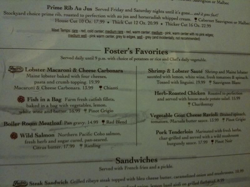 Menu at Fosters Boiler Room restaurant, Plymouth