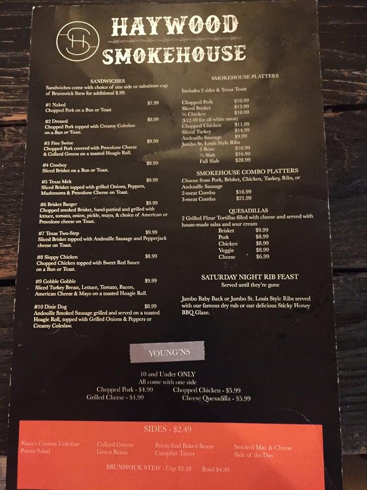 Menu at Haywood Smokehouse BBQ, Dillsboro