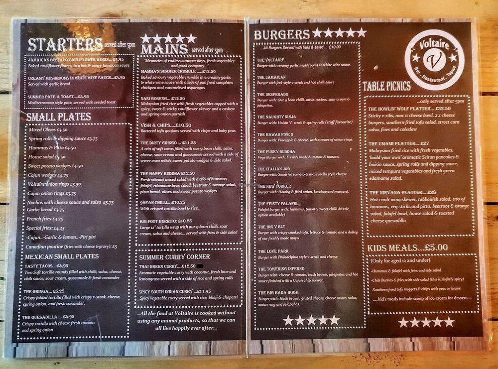 Menu at Voltaire restaurant, Bangor