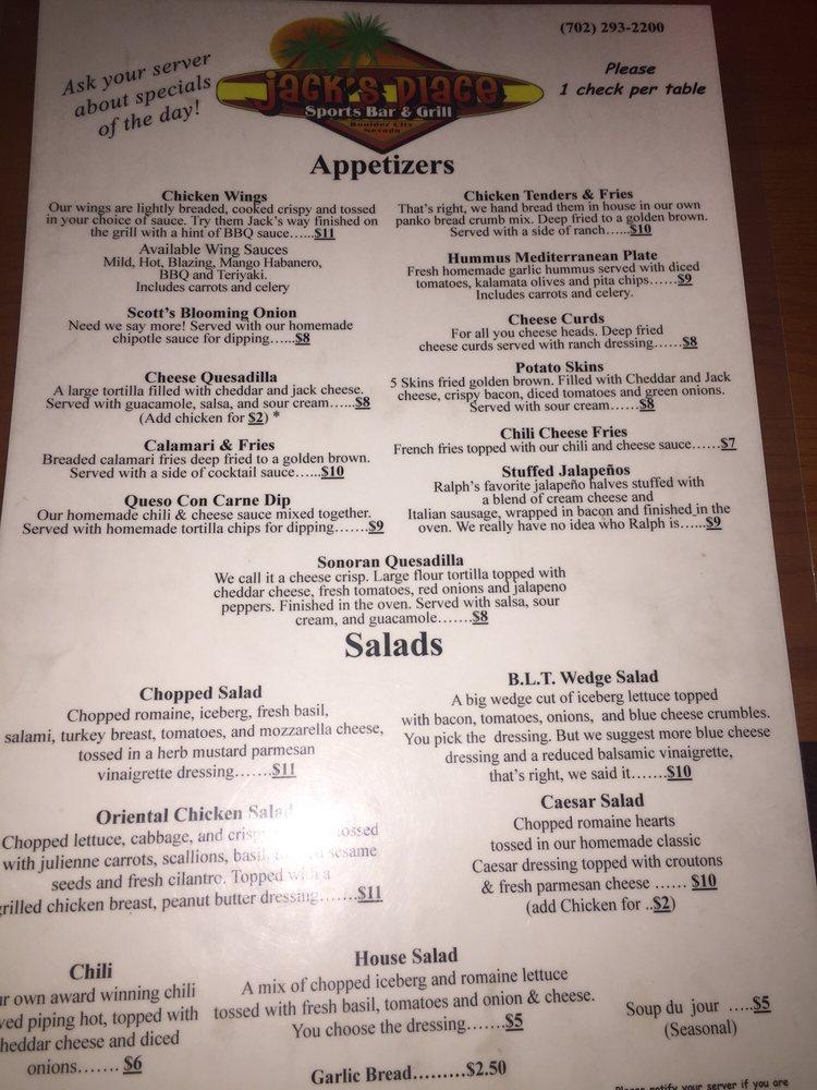 Menu at Jack's Place pub & bar, Boulder City