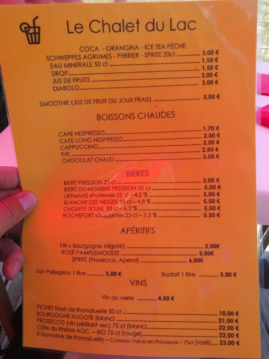 Menu at Le Chalet du Lac restaurant, La SallelesAlpes, Rte de PréLong