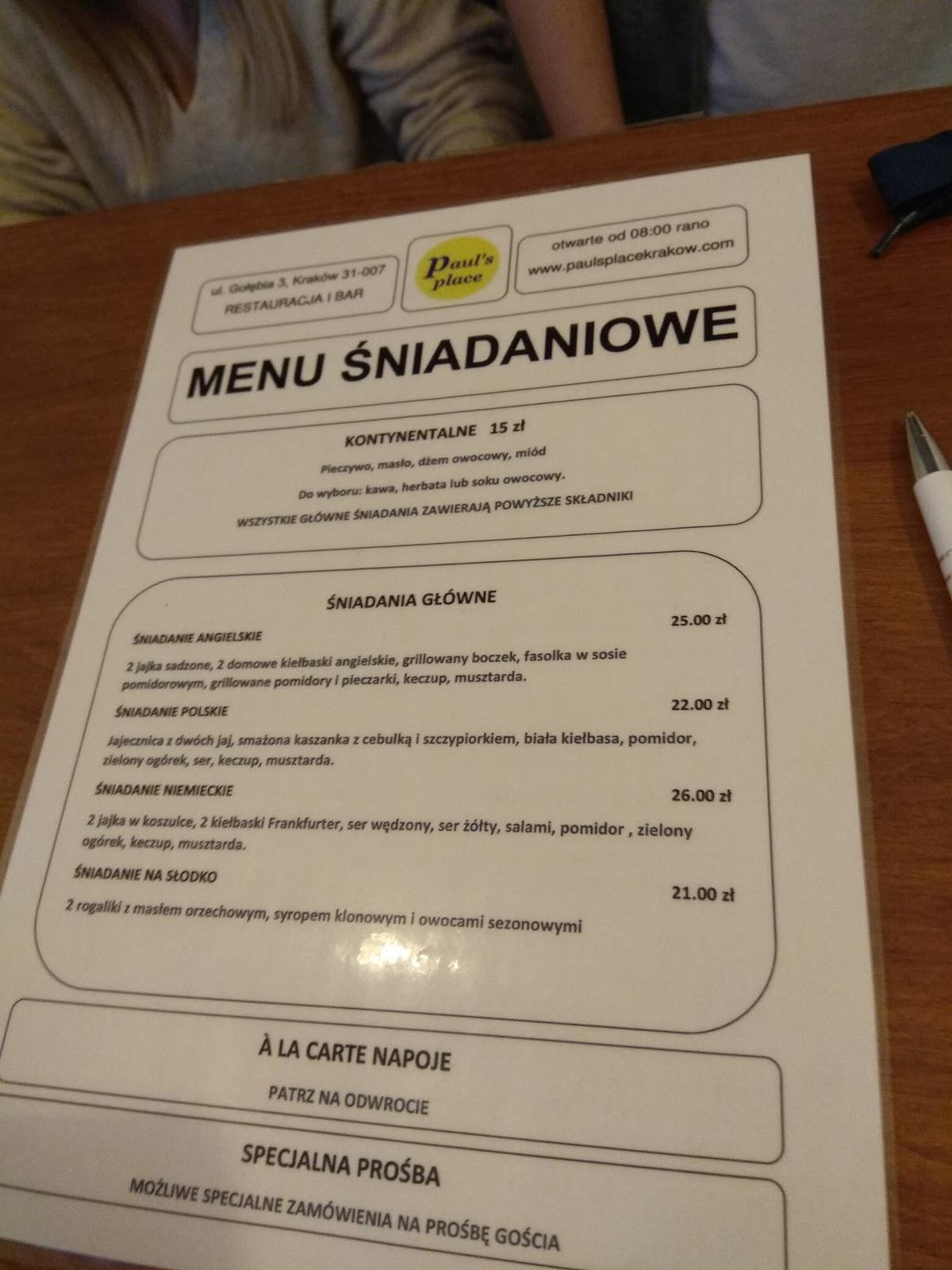 Menu at Paul's Place restaurant, Kraków
