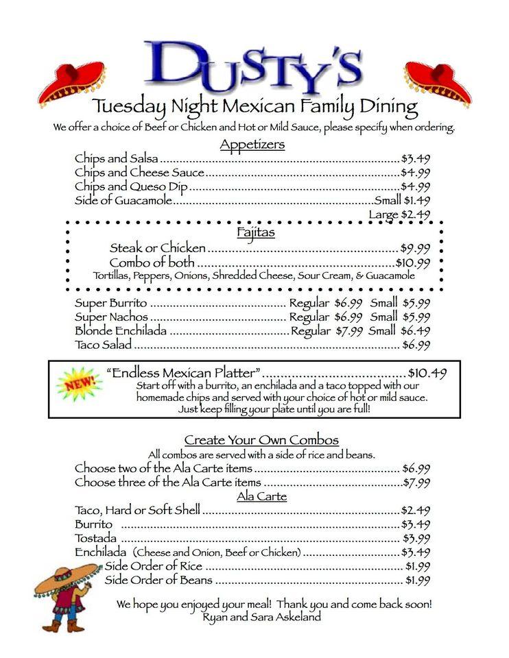 Menu at Dusty's Place restaurant, Griswold