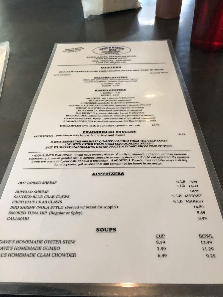 Menu at Dave's Oyster Bar and Grill, Pensacola Beach, Gulf Breeze Pkwy