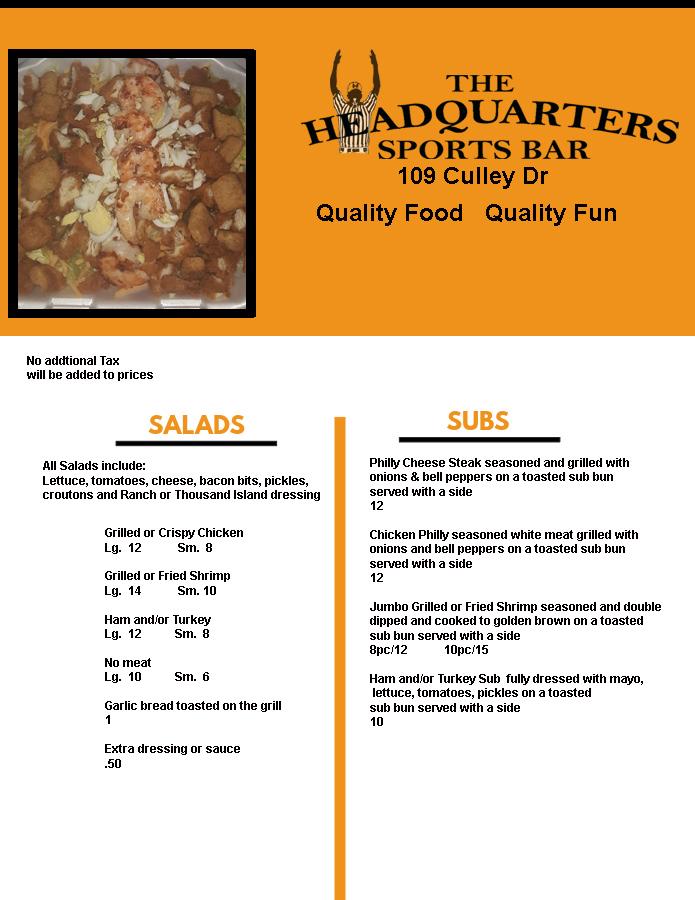 Menu at The Headquarters Sports Bar, Jackson