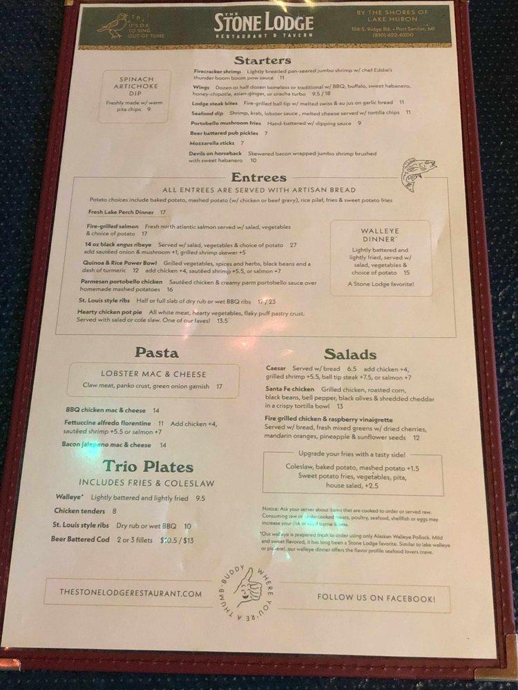Menu at The Stone Lodge pizzeria, Port Sanilac