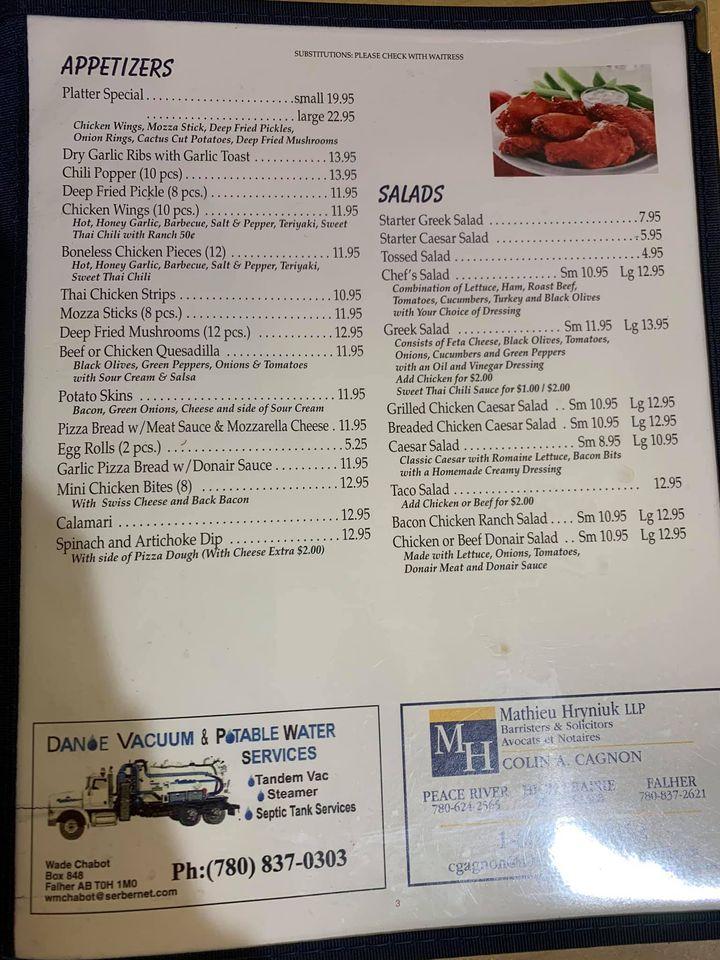 Menu at Tony's Donair restaurant, Falher