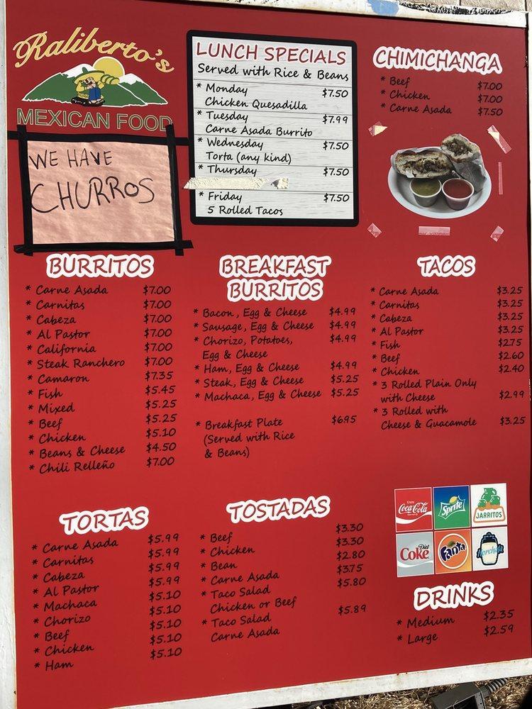 Menu at Raliberto's restaurant, Arvada, Ralston Rd