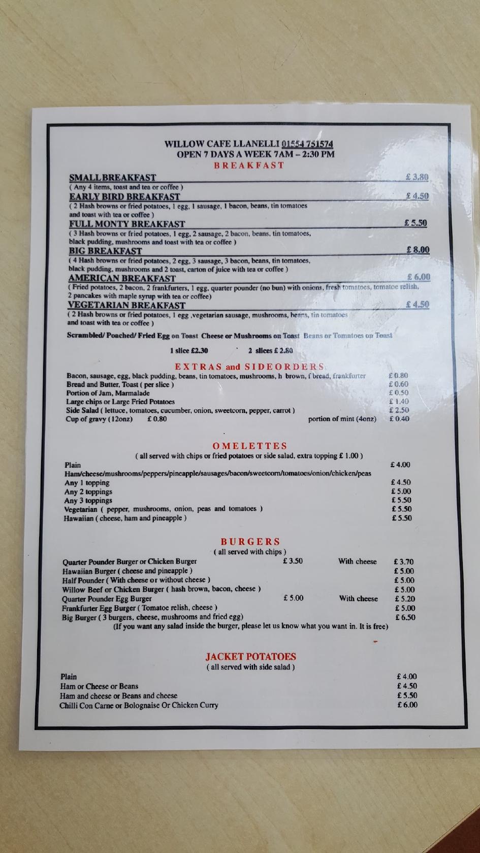 Menu at Willow Cafe, Llanelli