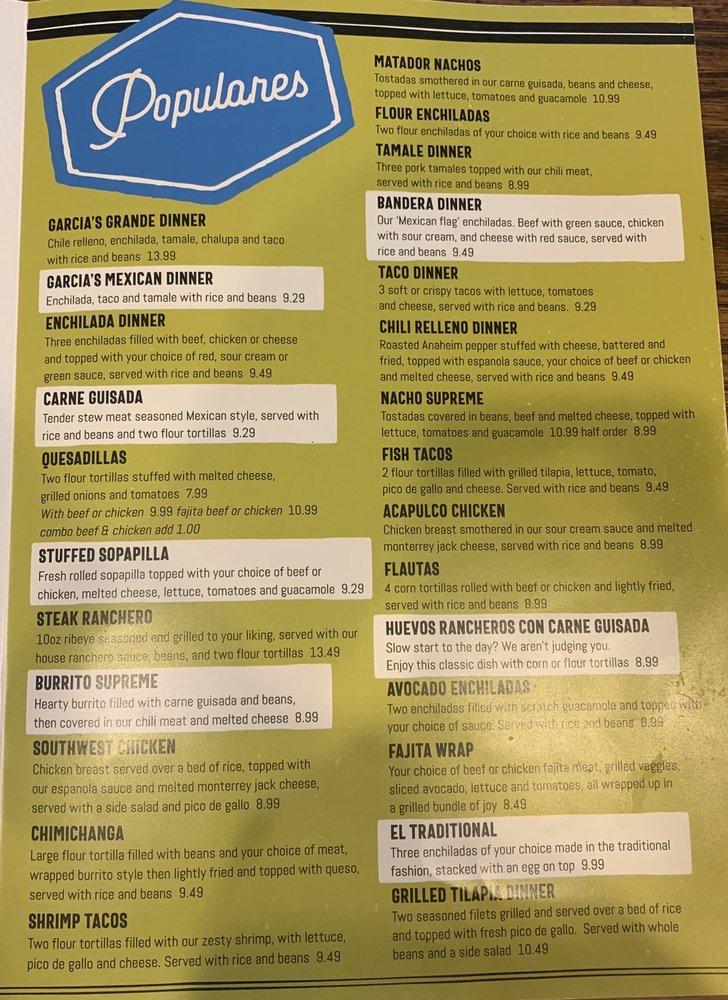 Menu at Garcia's Mexican Restaurant, Lubbock, Slide Rd