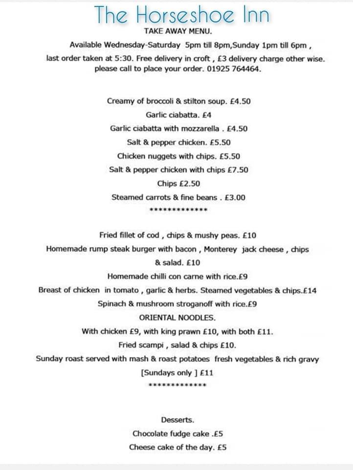 Menu at The Horseshoe Inn pub & bar, Warrington, 3 Smithy Ln