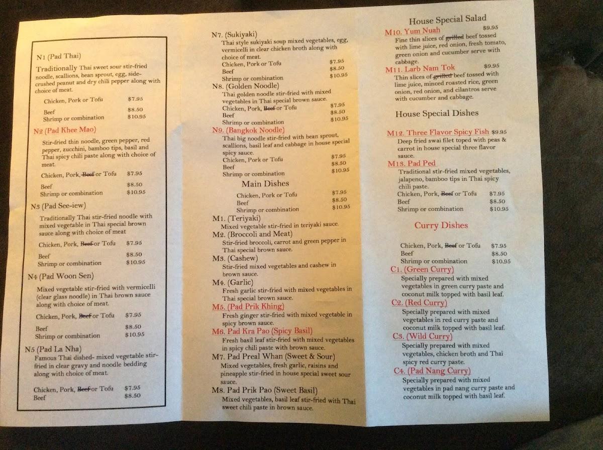 Menu at Pad Thai restaurant, Neosho