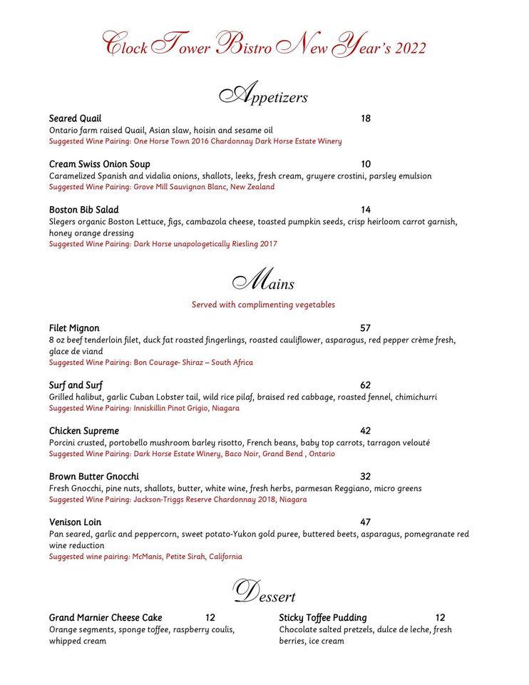 Menu au Clock Tower Inn Bistro Pub and Catering Strathroy Caradoc