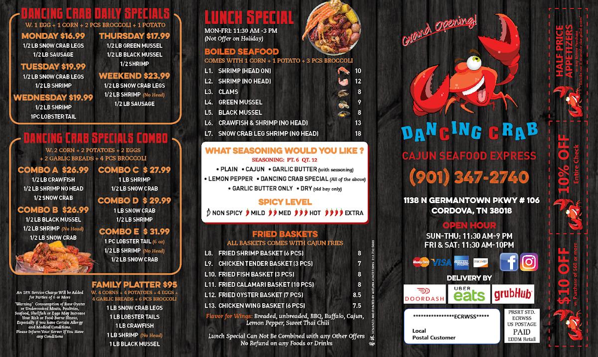 Menu at Dancing Crab Cajun Seafood restaurant, Memphis