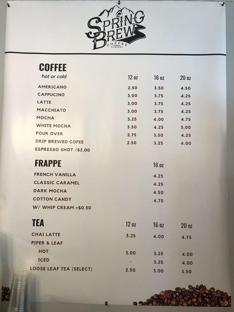 Menu at Spring Brew Coffee Company cafe, Cave Spring