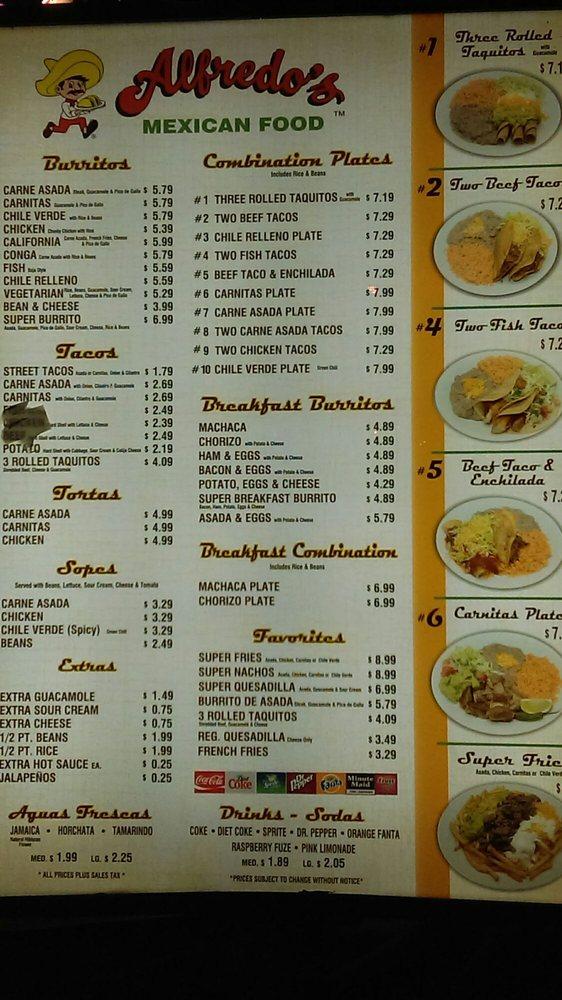 Menu at Alfredo's Mexican Food restaurant, Bell Gardens, Eastern Ave