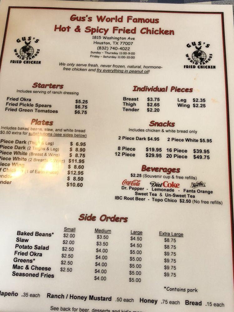 Menu at Gus's World Famous Fried Chicken restaurant, Houston ...