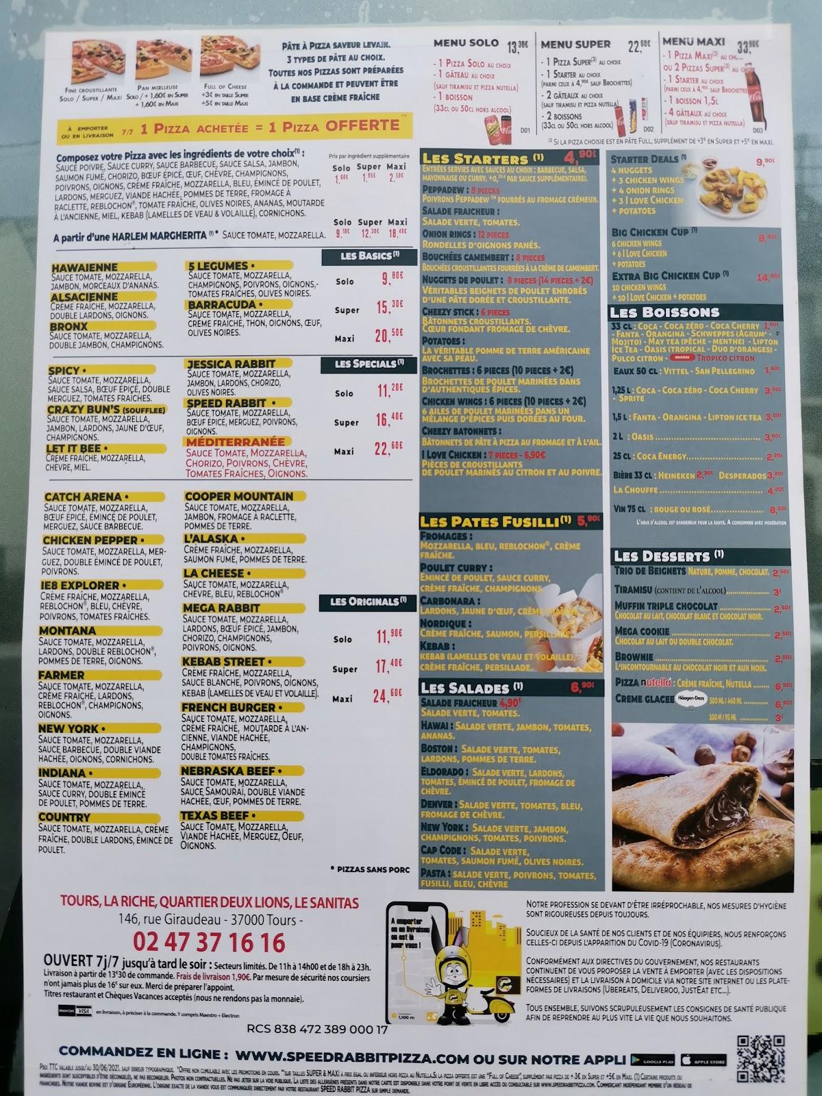 Menu de Speed Rabbit Pizza Tours