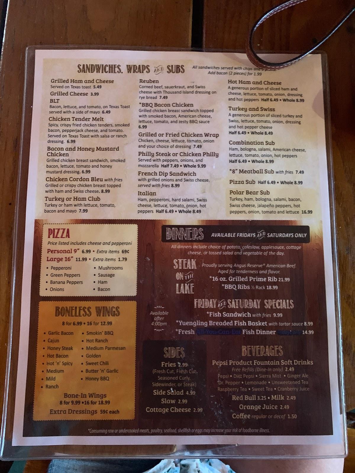 Menu at Bear Inn pub & bar, Canadohta Lake