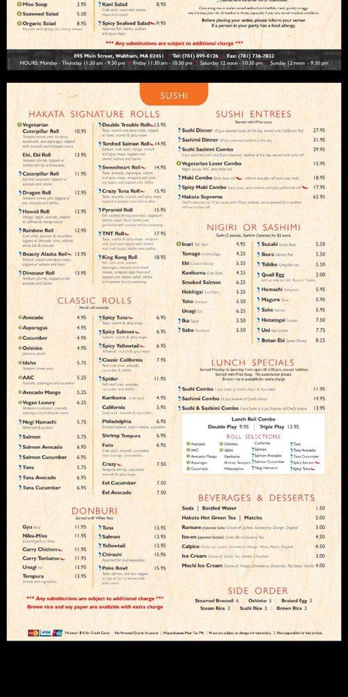 Carta del restaurante Hakata Ramen & Sushi, Waltham