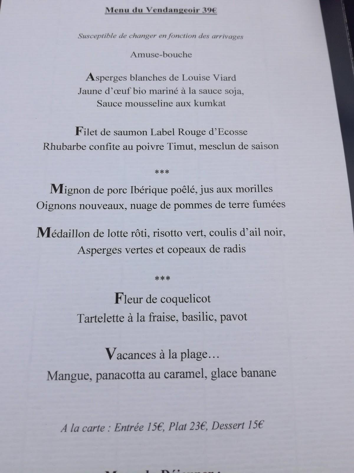 Menu at Le Vendangeoir restaurant, Vertus