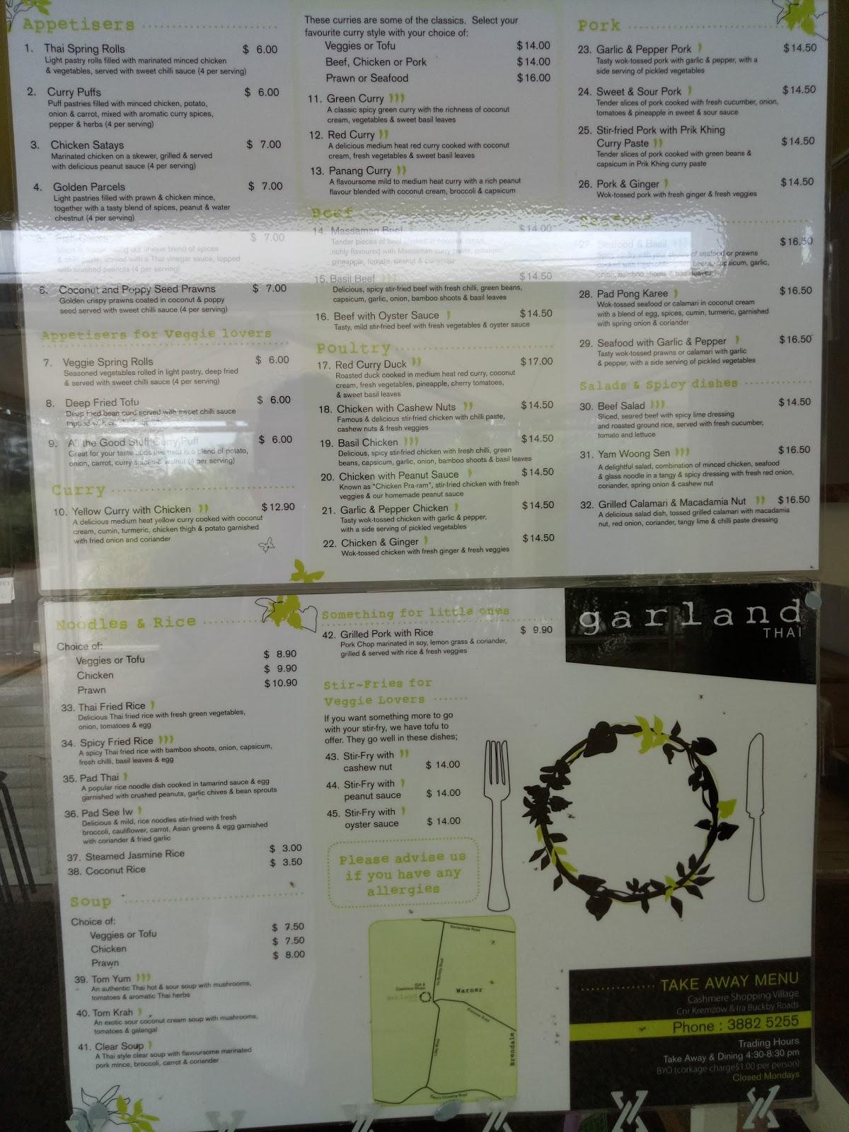 Menu at Garland Thai restaurant, Cashmere