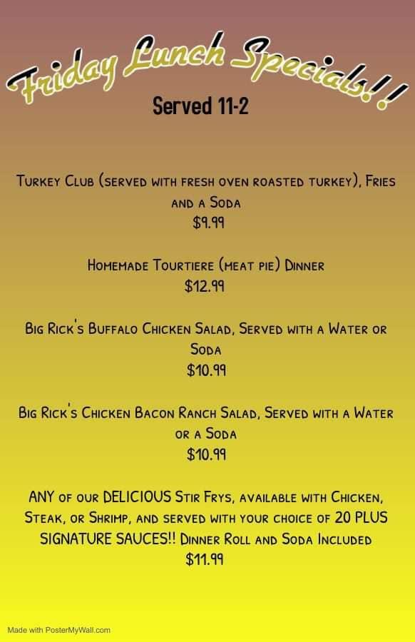 Menu at Big Ricks Burgers & Wings pub & bar, Madawaska