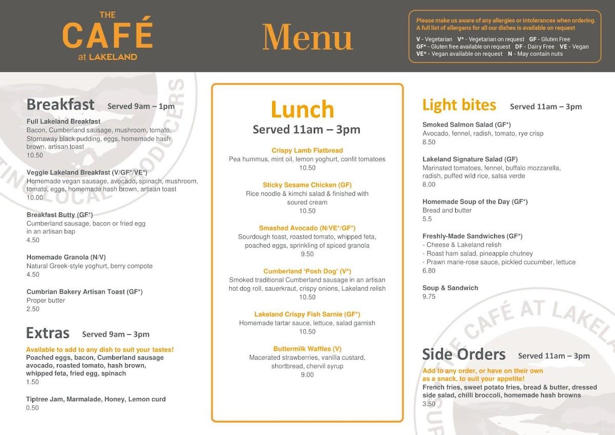 Menu at The Café at Lakeland cafe, Windermere