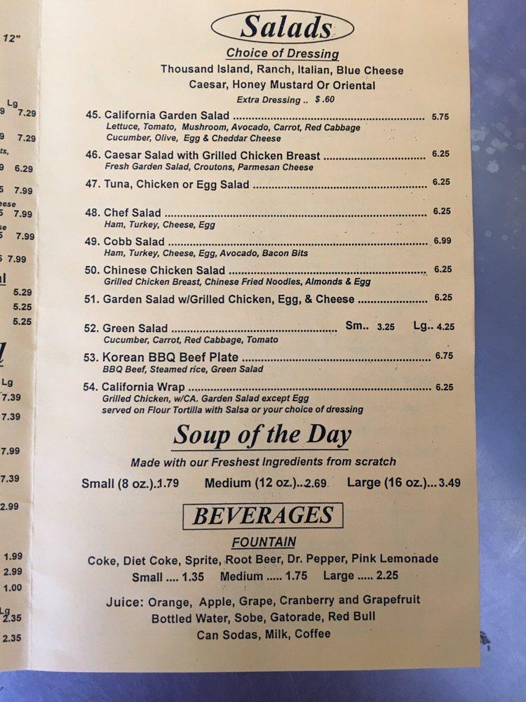 Menu at Sub King restaurant, Signal Hill