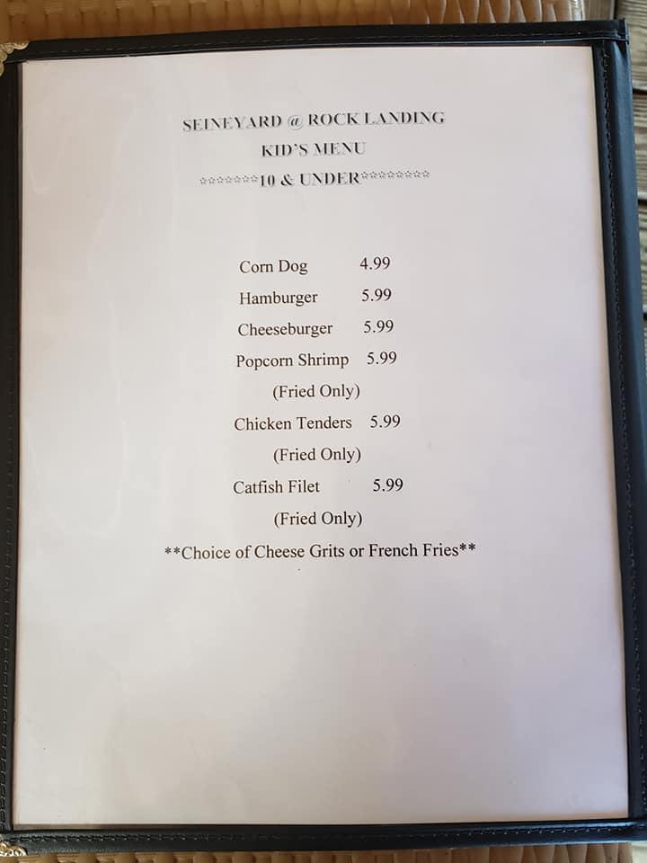 Menu at The Seineyard Rock Landing restaurant, Panacea