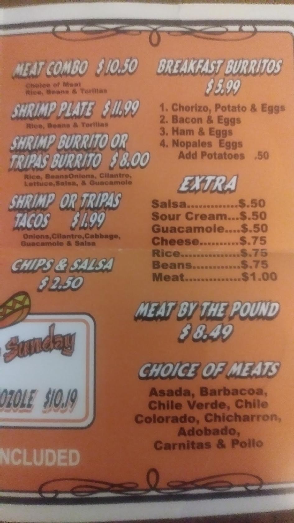 Menu at Carniceria y Taqueria Karlitas restaurant, Clovis