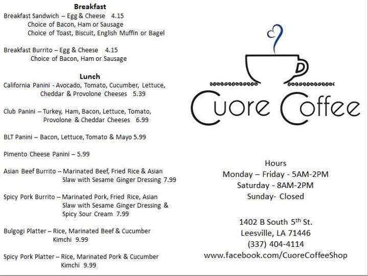 Menu at Cuore Coffee Shop cafe, Leesville, 810 S 3rd St