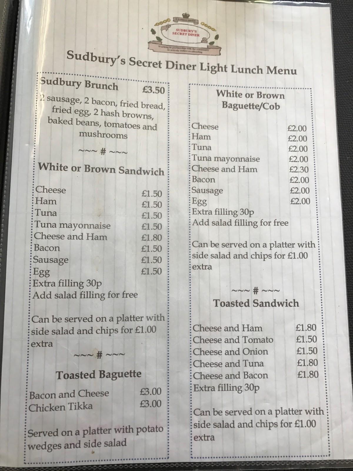 Menu at The Secret Diner restaurant, Doveridge