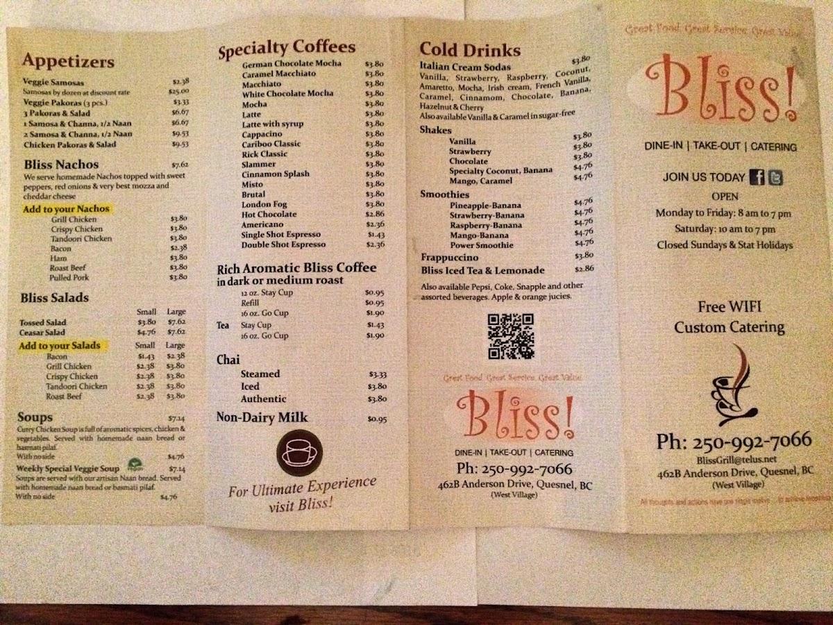 Menu at Bliss Coffee restaurant, Quesnel