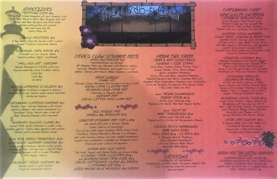 Menu at Crab's Claw Oceanfront Caribbean Seafood Restaurant, Atlantic Beach