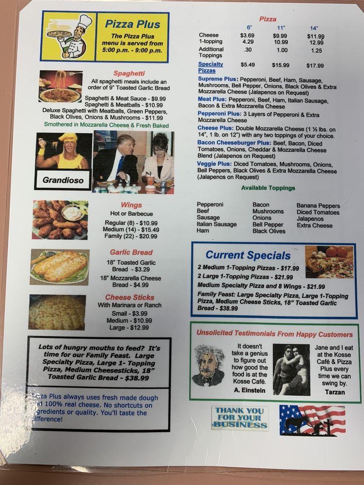 Menu at Kosse Cafe, Kosse, 310 Washington St