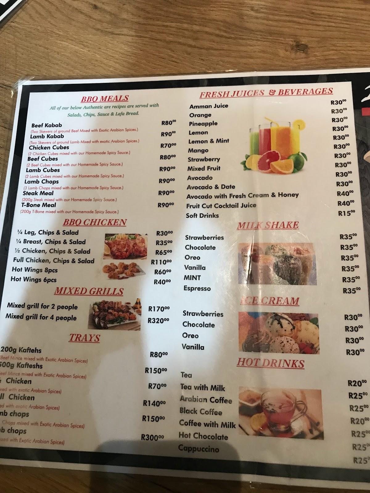 Menu at Amman Restaurant, Johannesburg