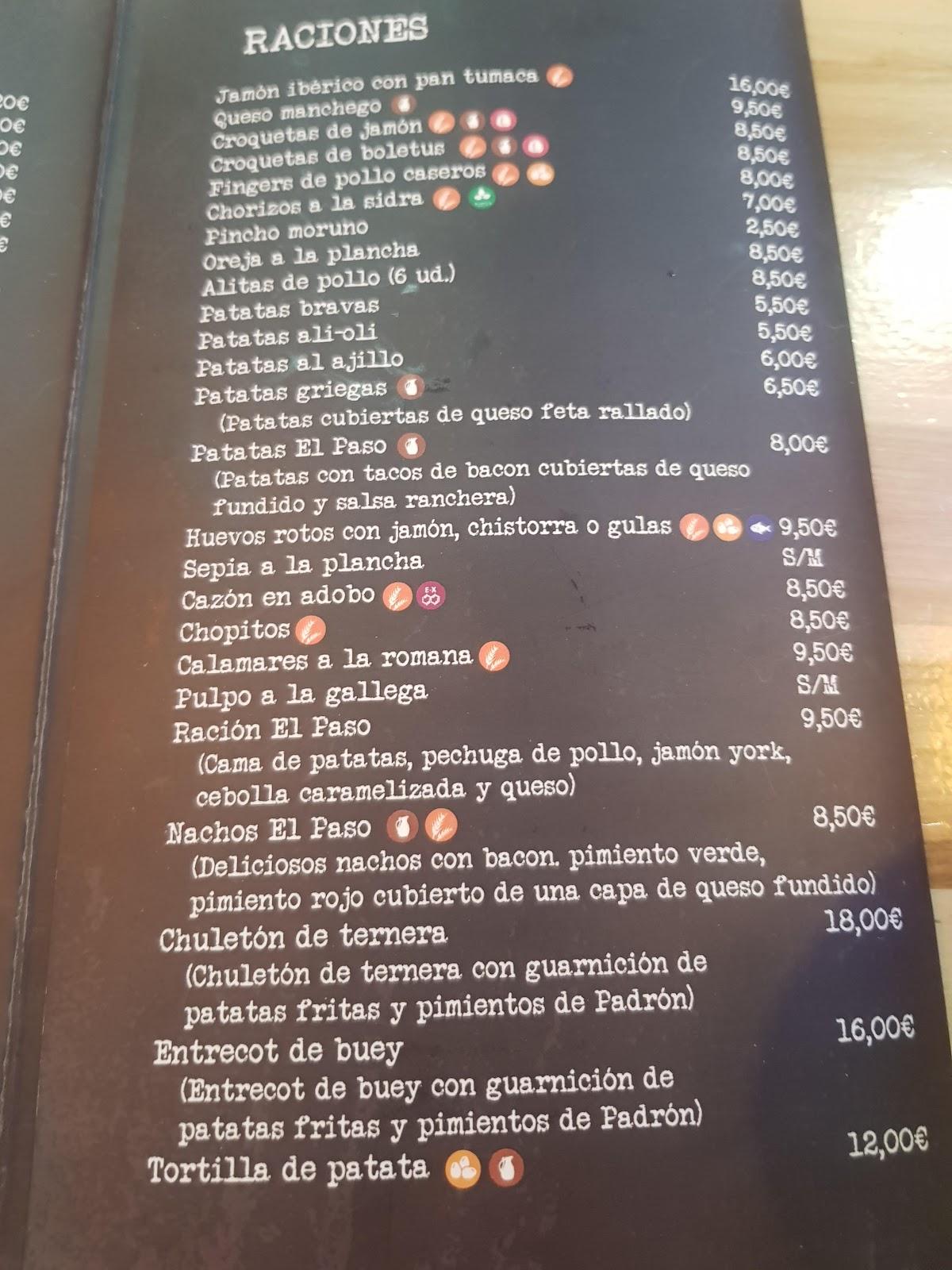 Carta de Bar El Paso, San Martín de la Vega
