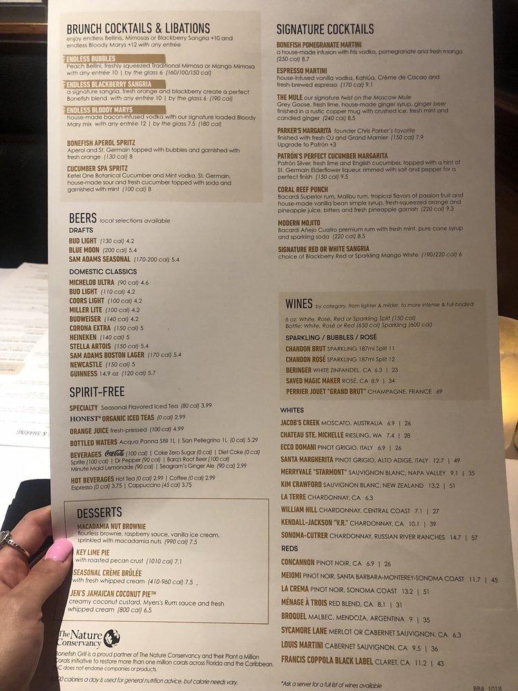 Menu at Bonefish Grill restaurant, Vero Beach