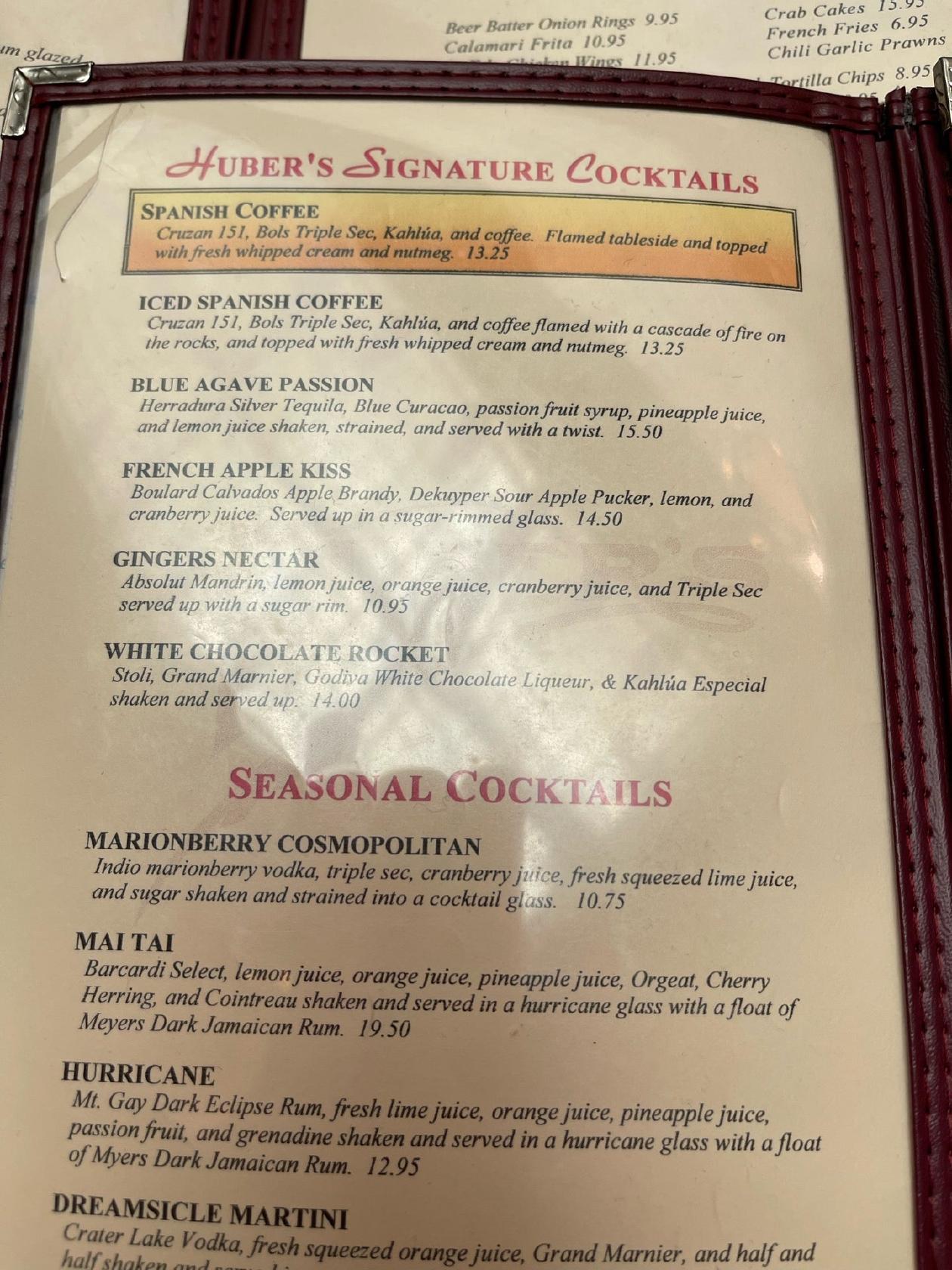 Menu at Huber's Cafe, Portland