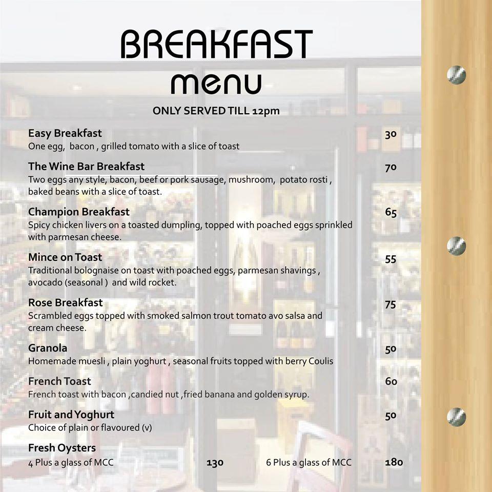Menu at Wine Bar, Vilakazi, Johannesburg