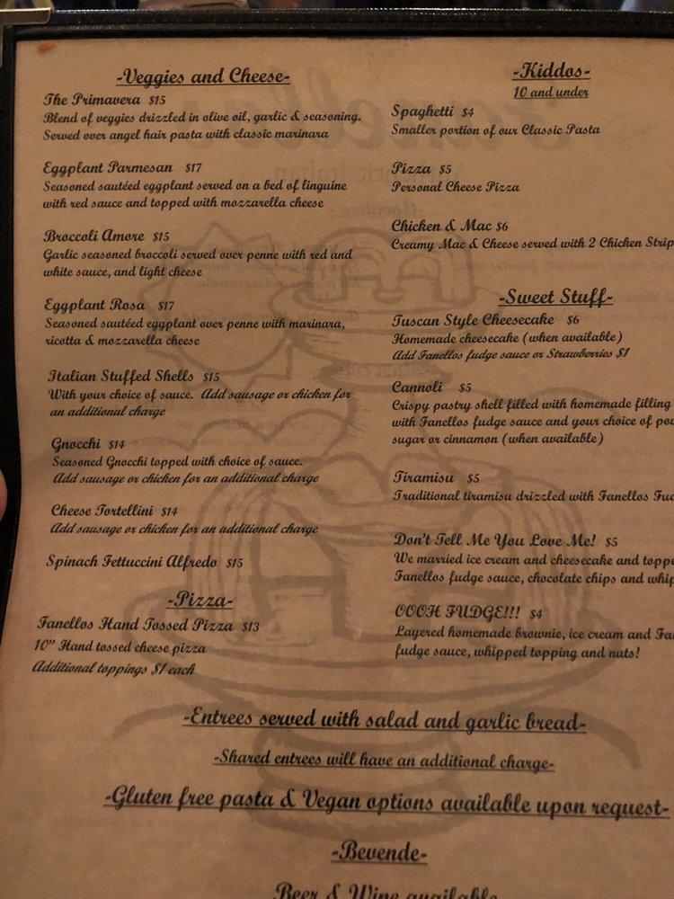 Menu at Fanellos Authentic Italian Restaurant, Mishawaka