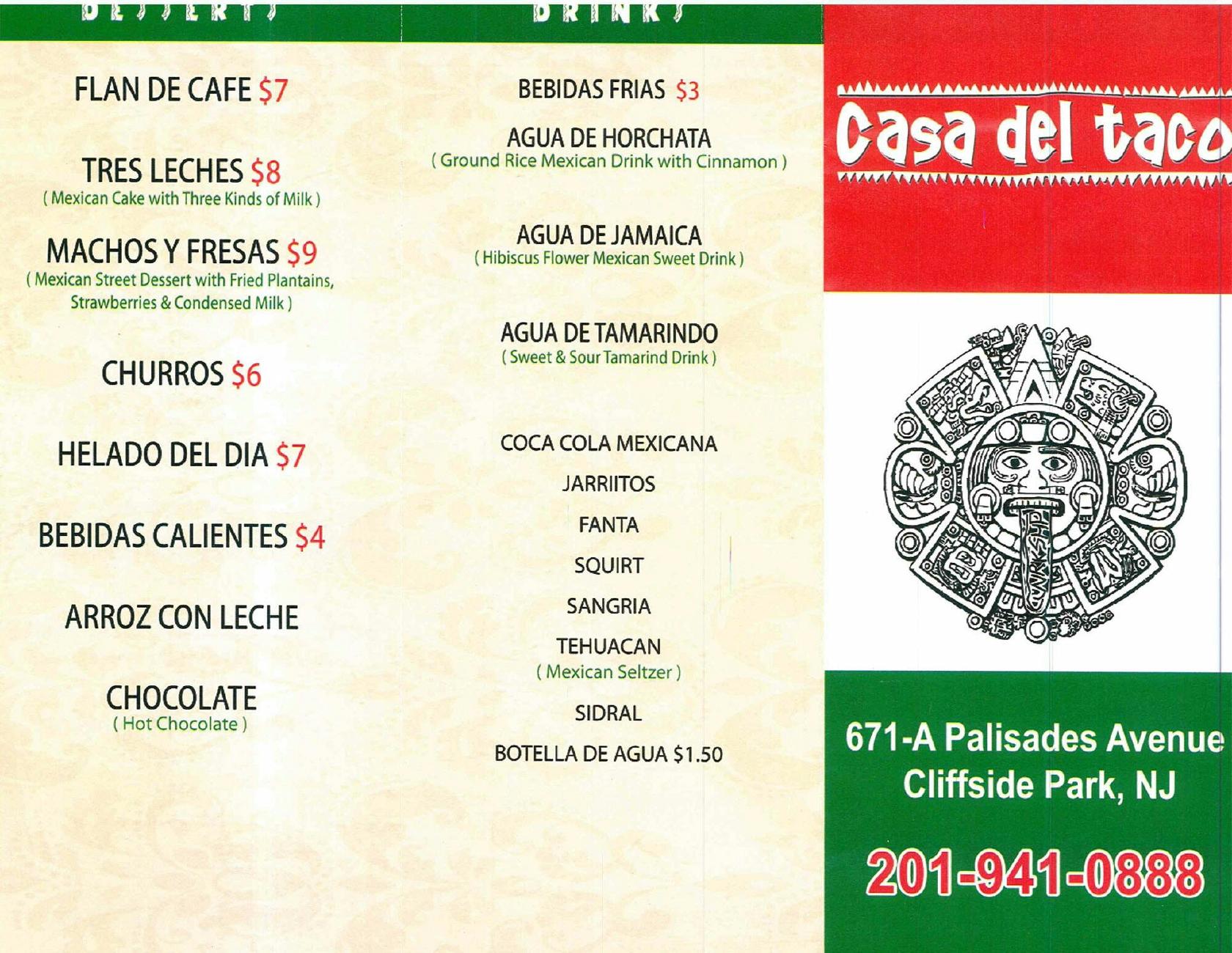Menu at La Casa Del Taco restaurant, Cliffside Park