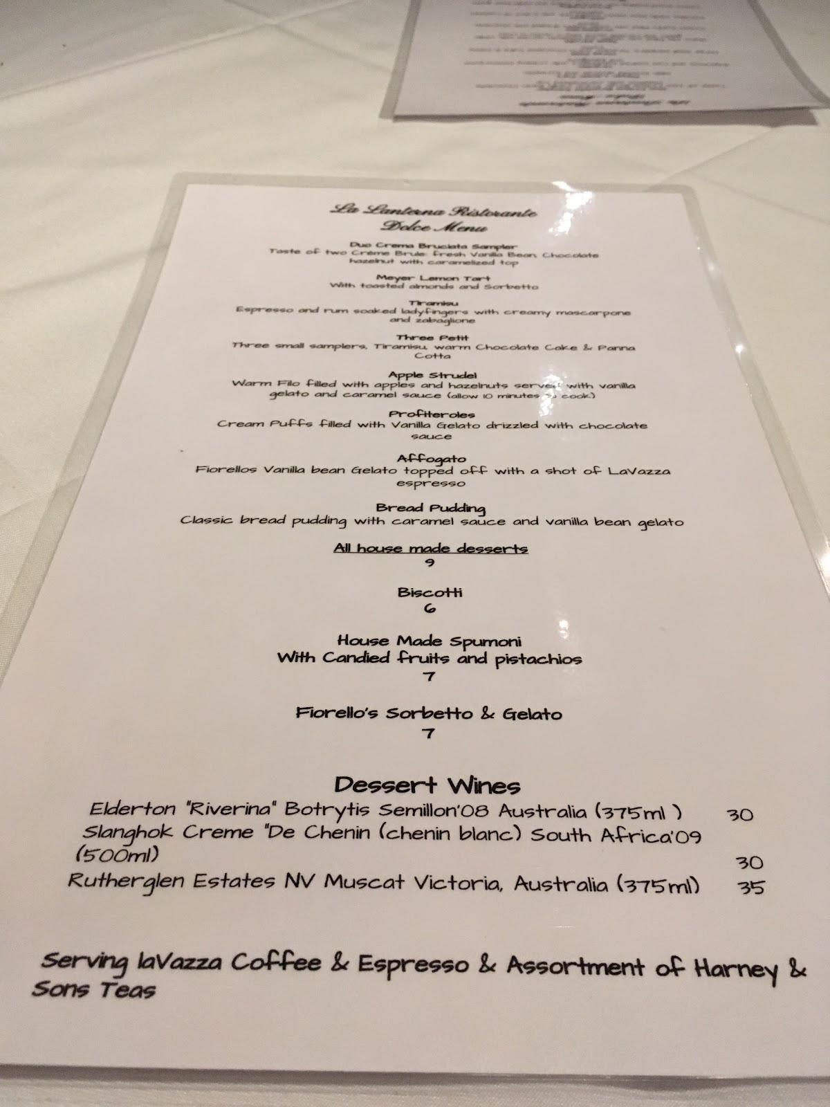 Menu at La Lanterna restaurant, San Mateo