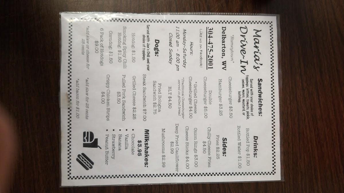 Menu at Maria’s Drive In restaurant, Delbarton
