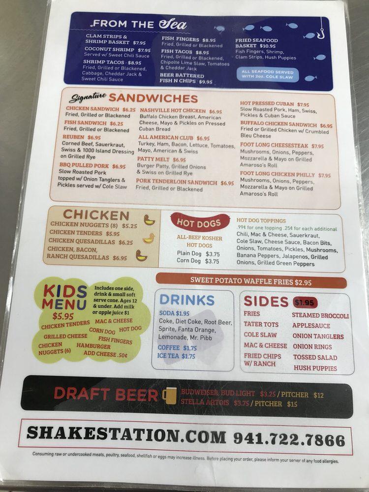 Menu at Shake Station restaurant, Ellenton